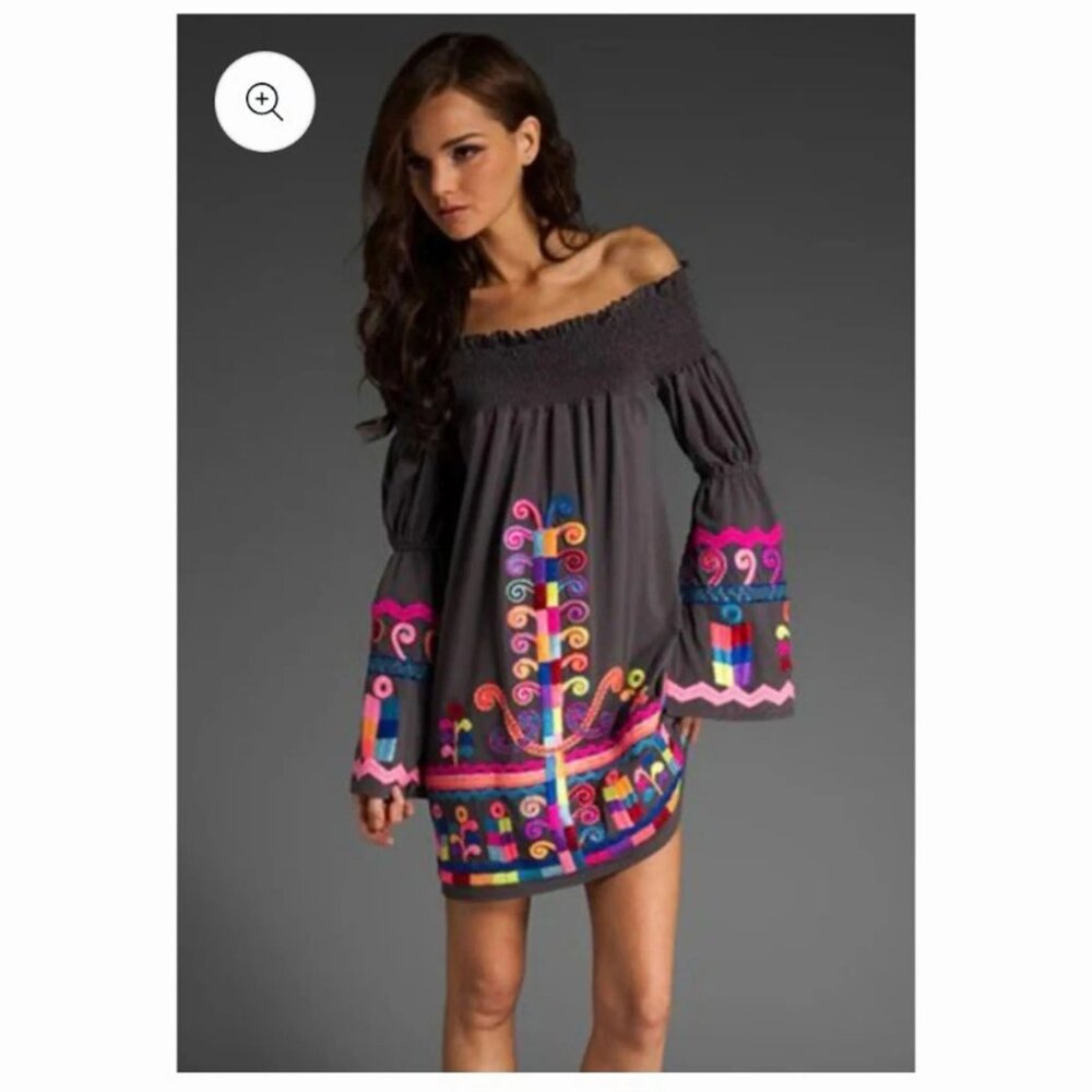 Vara by Joy Han Dara Off Shoulder Boho Embroidered Dress‎ Sz S